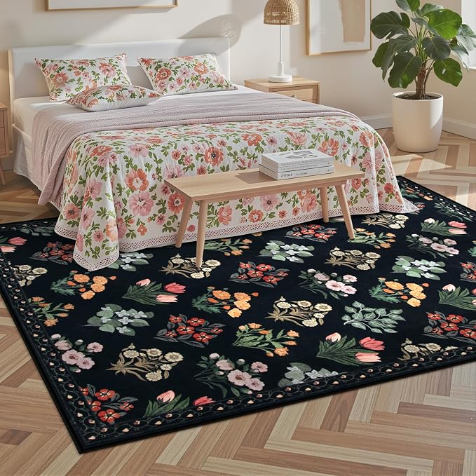 Wonnitar Floral Print 8x10 Washable Rug, Non Slip Black Dining Room Rug - Image 7