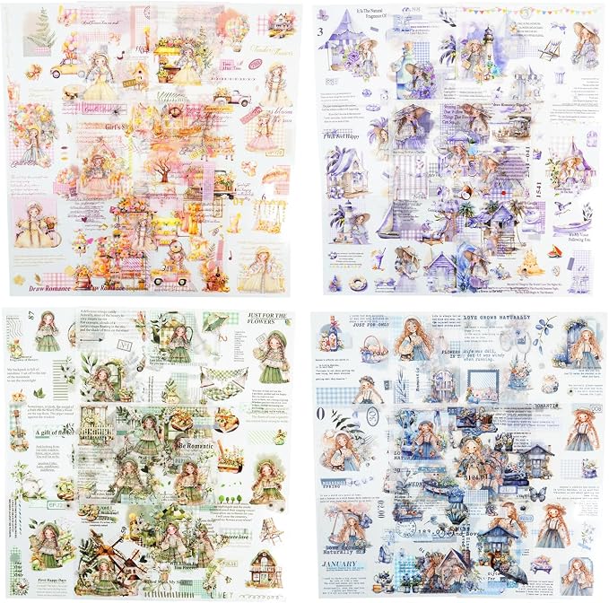 4Pcs Girl Pre-Cut Sticker Books, PET and Washi Designs by MiyouLuna