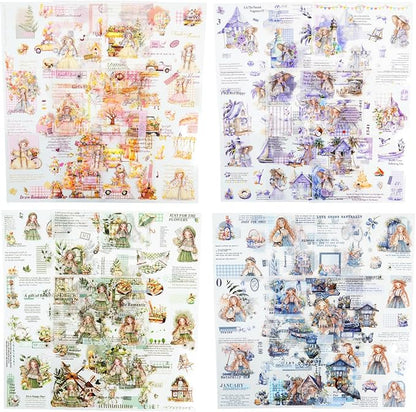 4Pcs Girl Pre-Cut Sticker Books, PET and Washi Designs by MiyouLuna