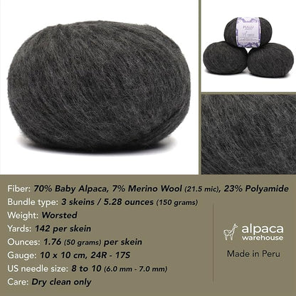 Pullu - Baby Alpaca Merino Wool Yarn Set of 3 Skeins Worsted Weight - Sourced - Image 3