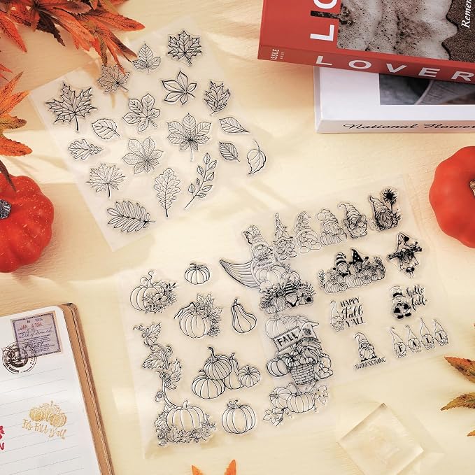 Whaline 5 Sheet Fall Thanksgiving Clear Stamps Autumn Leaves Pumpkin Gnome - Image 7