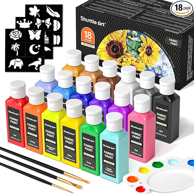 Shuttle Art Fabric Paint, 18 Colors Permanent Soft Fabric Paint in Bottles by ShuttleArt