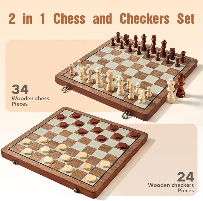 MerryPony 2 in 1 Magnetic Wooden Chess and Checkers Set, Chess Board - Image 4