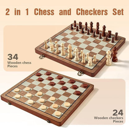 MerryPony 2 in 1 Magnetic Wooden Chess and Checkers Set, Chess Board - Image 4