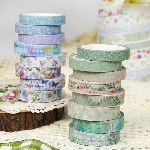 YUBX Spring Washi Tape Set 16 Rolls Flowers Printed Embellishment Green - Image 4