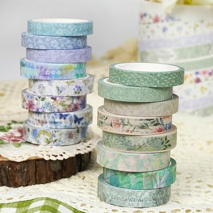 YUBX Spring Washi Tape Set 16 Rolls Flowers Printed Embellishment Green - Image 4