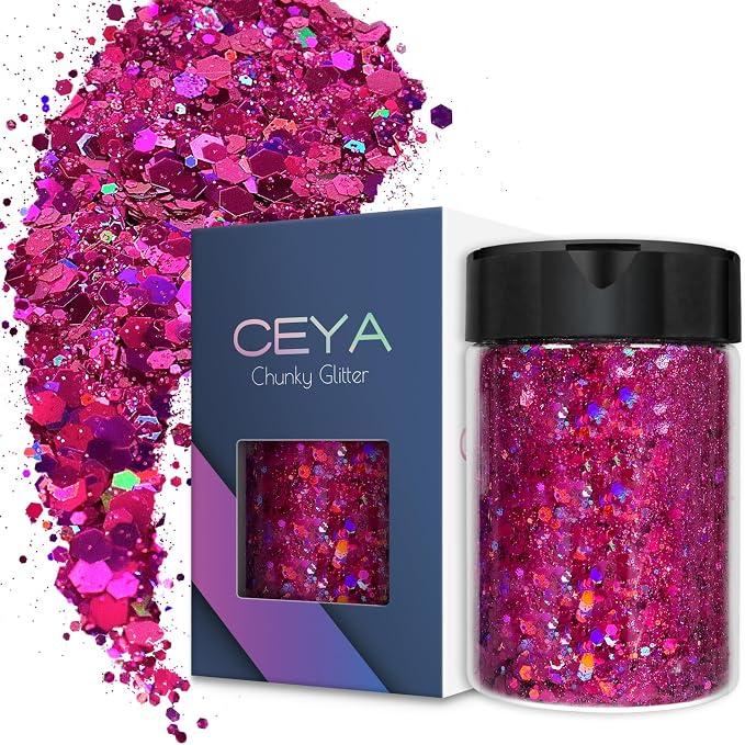 Ceya Holographic Chunky Glitter, 4.9oz/ 140g Fuchsia Craft Glitter Powder Mixed by CEYA