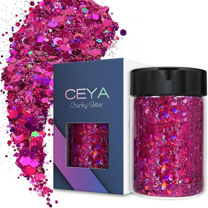 Ceya Holographic Chunky Glitter, 4.9oz/ 140g Fuchsia Craft Glitter Powder Mixed by CEYA