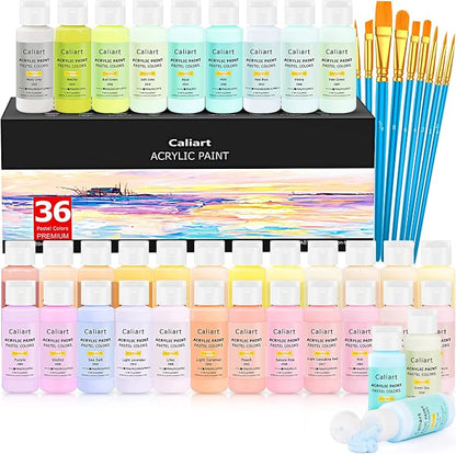 Caliart Acrylic Paint Set with 12 Brushes, 36 Pastel Colors Art Craft Paint by Caliart