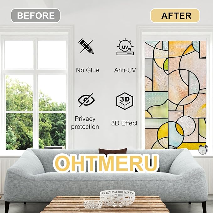 3D Stained Glass Window Privacy Film, Heat Control UV Blocking Static Cling - Image 2