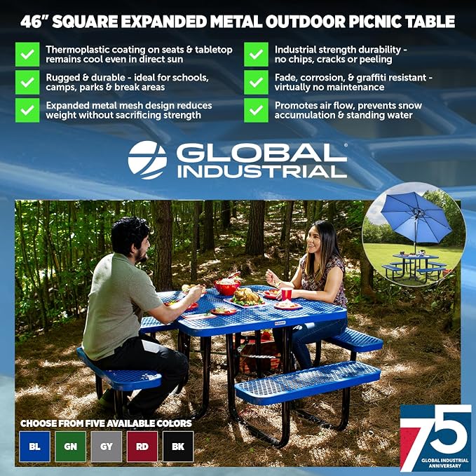 Global Industrial 46" Square Picnic Table, Expanded Metal, Attached Benches - Image 3