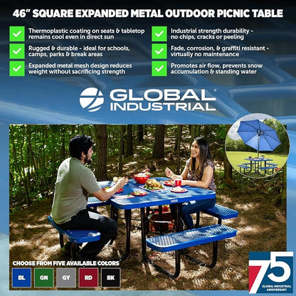 Global Industrial 46" Square Picnic Table, Expanded Metal, Attached Benches - Image 3