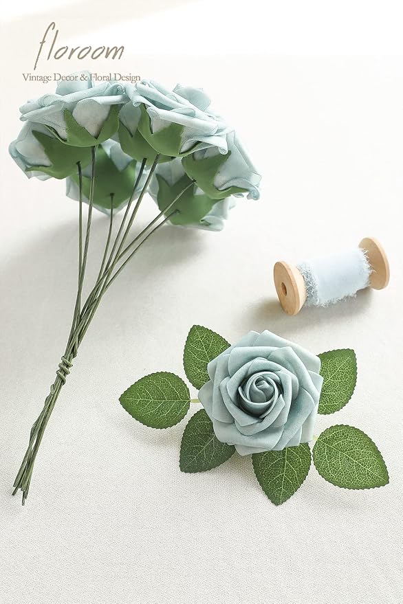 Floroom Artificial Flowers 25pcs Real Looking Dusty Blue Foam Fake Roses - Image 6
