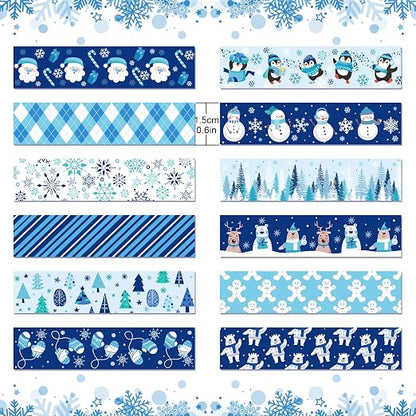 12 Pcs Christmas Washi Tape Blue Snowflake Print Masking Tape Frozen Pattern - Image 3