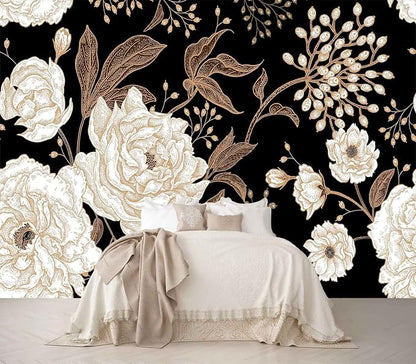 Wall Mural Peonies and Roses Floral Vintage Wallpaper Seamless Gold White - Image 2