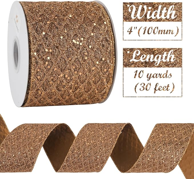 HUIHUANG Copper Wired Ribbon 4 inch Glitter Christmas Wired Ribbon Diamond Mesh - Image 3