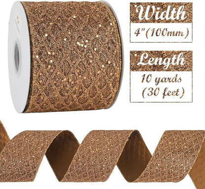 HUIHUANG Copper Wired Ribbon 4 inch Glitter Christmas Wired Ribbon Diamond Mesh - Image 3