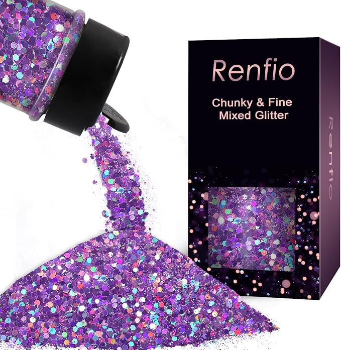 Renfio 2 Sizes Glitter, 2.11oz/60g Purple Glitter, Holographic Fine Glitter Mix by Renfio