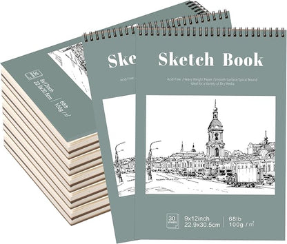 12 Pack Sketch Book, 9 x 12 Inch Sketchbook, 68lb/100gsm Top Spiral Bound by Prudiut