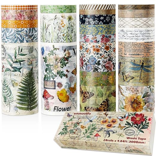 24 Rolls Vintage Washi Tape Set, Floral Letter Butterfly Mushroom Botanical - Image 2