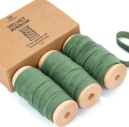 Vitalizart Green Velvet Ribbon Set 3/8" x 15 Yd Wooden Spool Fabric Trim 3 by Vitalizart