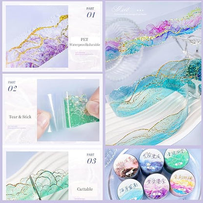 6 Rolls PET Tape Set for Journaling Supplies, Waterproof Washi Tape Stickers - Image 5