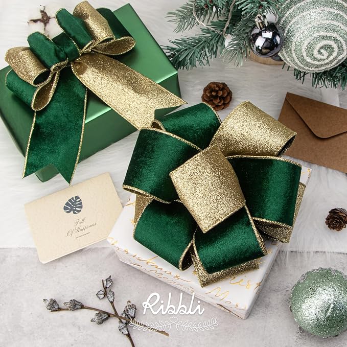 Ribbli Forest Green Velvet Wired Ribbon 2.5 Inch Green Velvet - Image 2