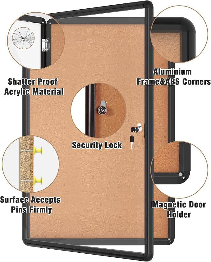 36"x24" Enclosed Bulletin Board, Lockable Weather-Resistant Aluminum Cork - Image 3