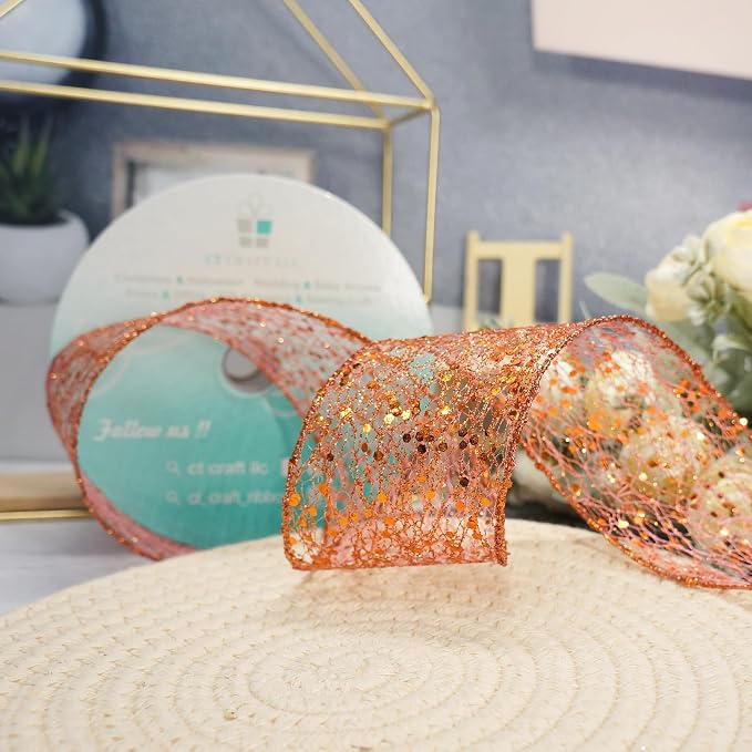 CT CRAFT LLC Sparkling Glitter Mesh Wired Ribbon 2.5" x 20 Yards Bronze Orange - Image 4