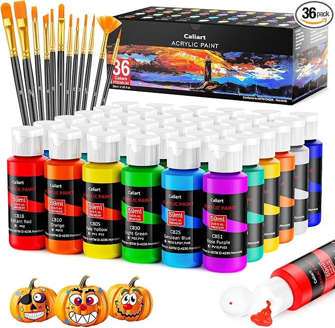 Caliart Acrylic Paint Set with 12 Brushes, 36 Colors Art Craft Paints Gifts by Caliart