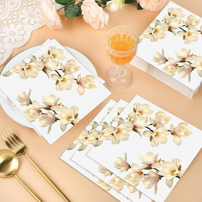 60 Pcs White Magnolia Floral Cocktail Paper Napkins 6.5 x 6.5 Inches Disposable - Image 4
