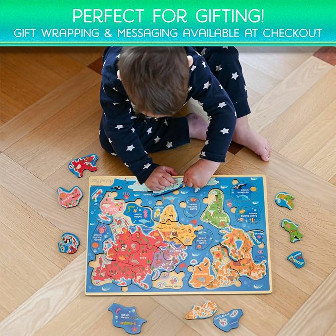 Montessori Mama World Map Wooden Puzzle, Continents and Oceans Puzzles - Image 3