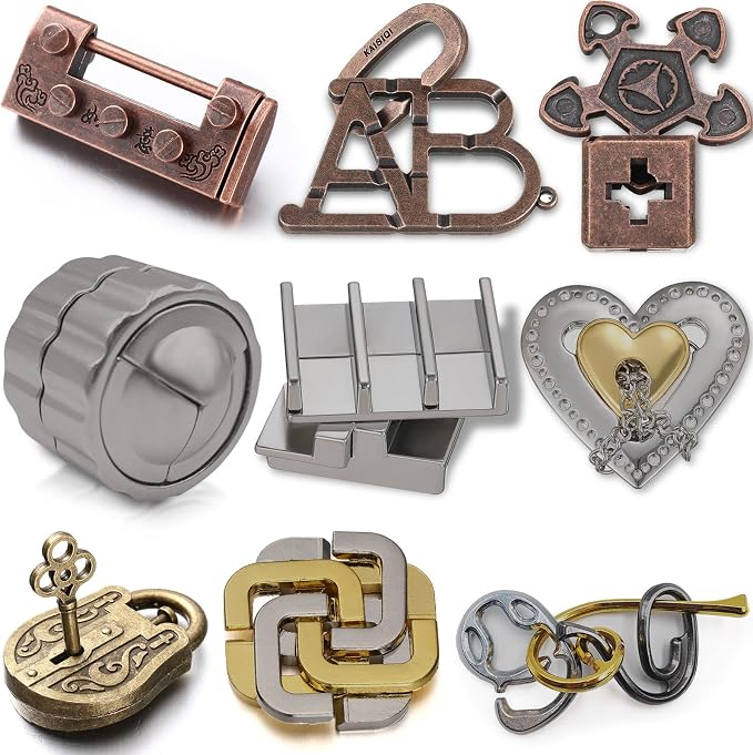 Wettarn 9 Pcs Metal Brain Teaser Puzzles Teaser 3D Steel Puzzle by Wettarn