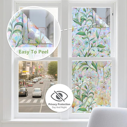 FINNEZ Window Privacy Film Stain Glass Film Flowers Rainbow Window Film Window - Image 3