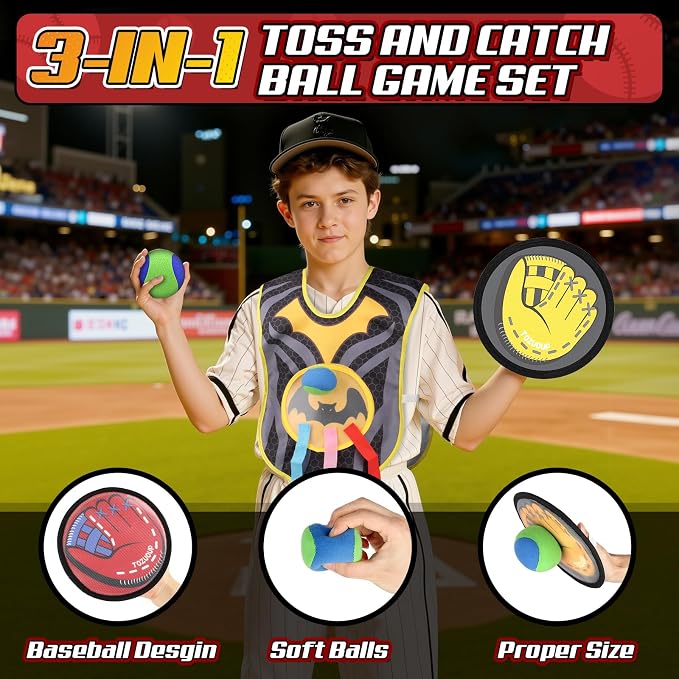 3-in-1 Toss and Catch Ball Game Set, Kids Toddler Baseball Glove, Beach Games - Image 5