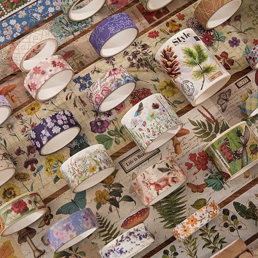 42 Rolls Vintage Washi Tape Set, Floral Letter Butterfly Mushroom Botanical - Image 7