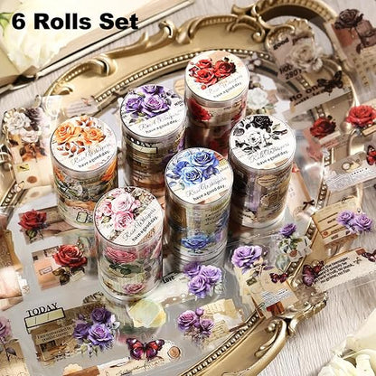 6Pcs Floral PET Tapes, Vintage Pre-Cut Tapes - Image 2