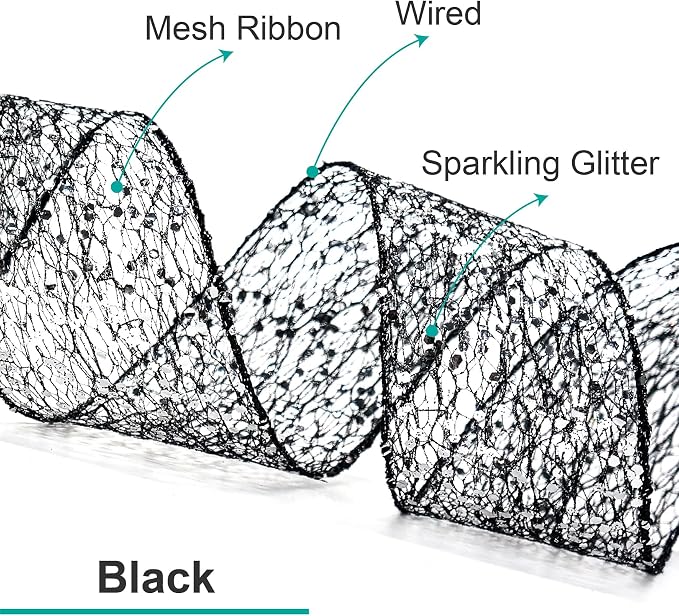 CT CRAFT LLC Sparkling Glitter Mesh Wired Ribbon 2.5" x 20 Yards Black - Image 3