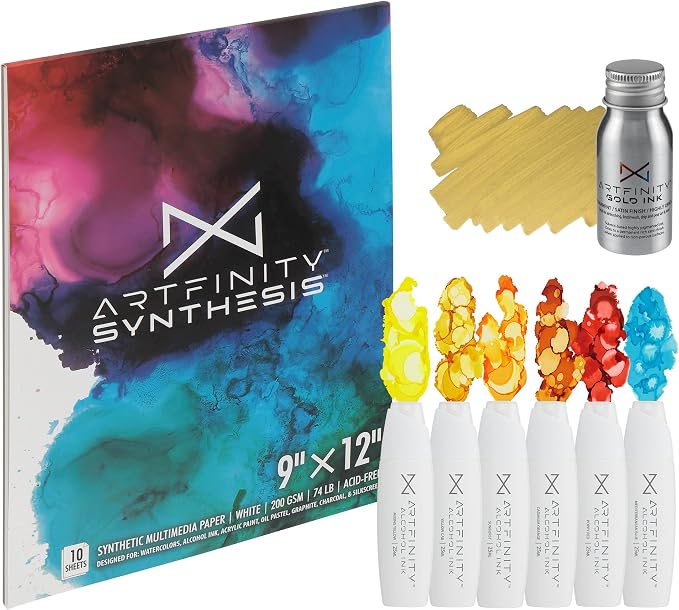 Alcohol Ink - Fire Set, 8 Pieces | 10 Sheets 9x12 Multimedia Paper | Fast-Drying by Artfinity