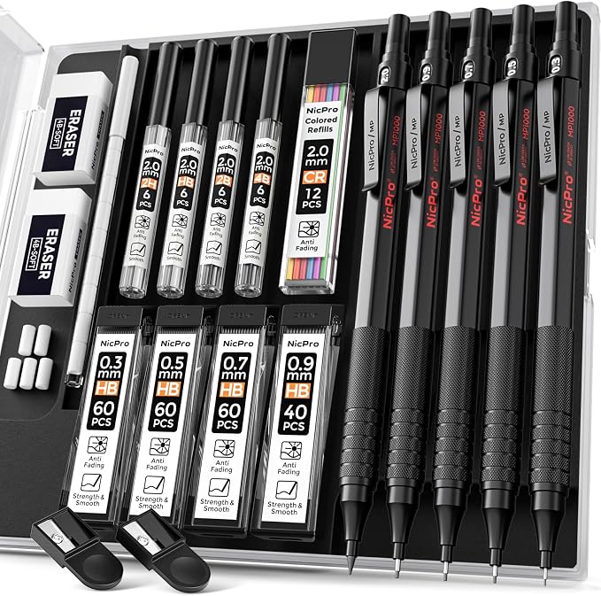 Nicpro Black Art Mechanical Pencil Set, 0.9 mm & 2mm Graphite Lead Holder by Nicpro