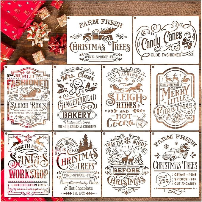 10 Pieces Christmas Stencils Reusable, 8 X 11 Inch Holiday Farm Fresh Christmas by Hosomono