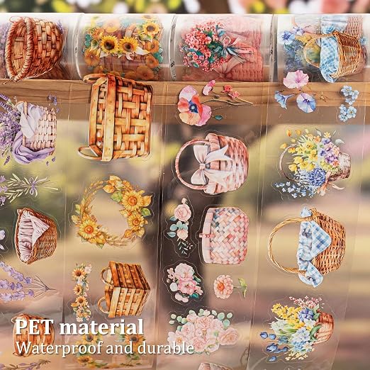 Flower Basket PET Tape Set, 6 Rolls Pre-Cut Vintage Floral Scrapbook Supplies - Image 4