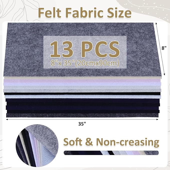 XSEINO 13 Rolls 8"x35" 1.4mm Thick Soft Felt Fabric Sheet 13 Assorted Black - Image 3