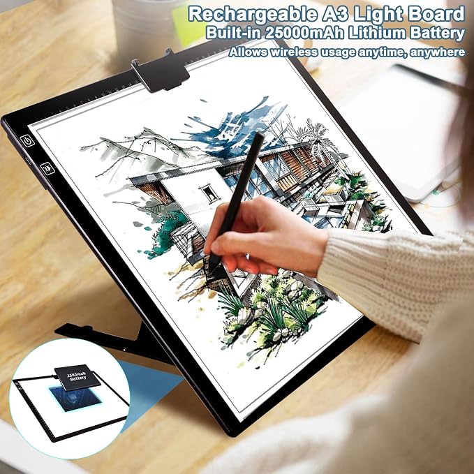 Wireless Rechargeable A3 LED Light Pad w/Built-in Foldable Stand, 3 Color Tone - Image 3