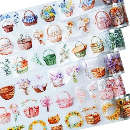 Flower Basket PET Tape Set, 6 Rolls Pre-Cut Vintage Floral Scrapbook Supplies by Auriicleaf