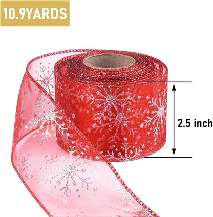 2.5 Inch Wide Christmas Wired Ribbon Snowflake Organza Sheer Glitter Ribbon - Image 2