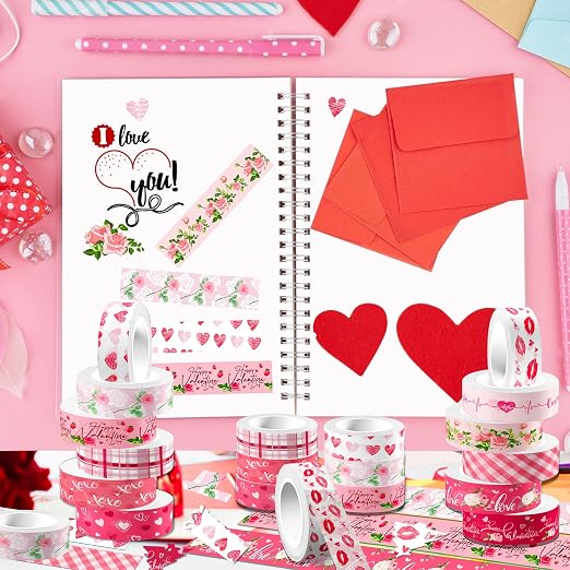12 Rolls Pink Heart Washi Tape Set, Valentine's Day Love Heart Masking Tape - Image 7