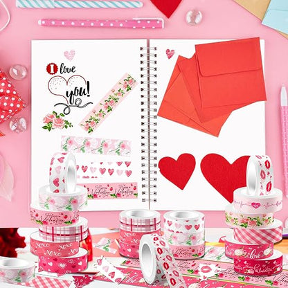 12 Rolls Pink Heart Washi Tape Set, Valentine's Day Love Heart Masking Tape - Image 7