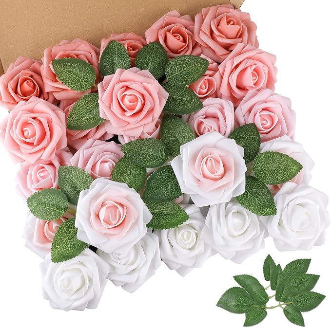 AmyHomie 25pcs Real Looking Artificial Shades of Blush Roses w/Stem by AmyHomie