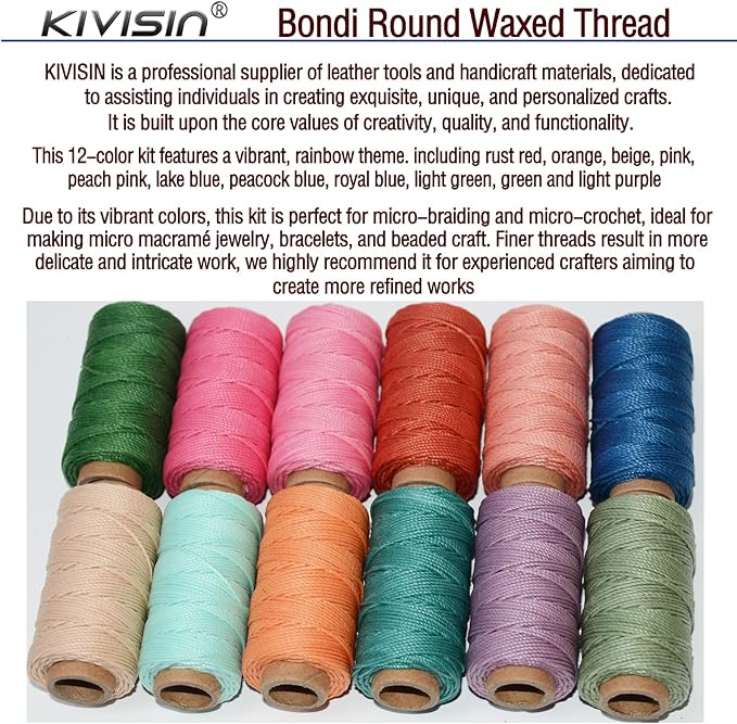 12 Colored Round Waxed Thread 0.8mm, 35 Yards per Spool, 3 Ply Polyester Wax - Image 5